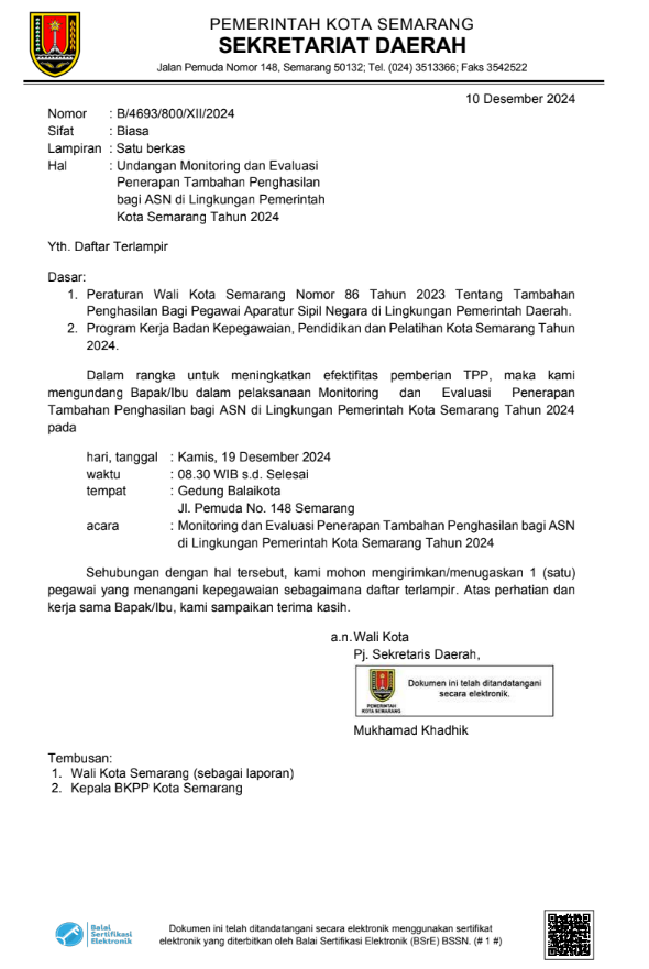 Undangan Monitoring dan Evaluasi Penerapan Tambahan Penghasilan Bagi ASN di Lingkungan Pemerintah Kota Semarang Tahun 2024